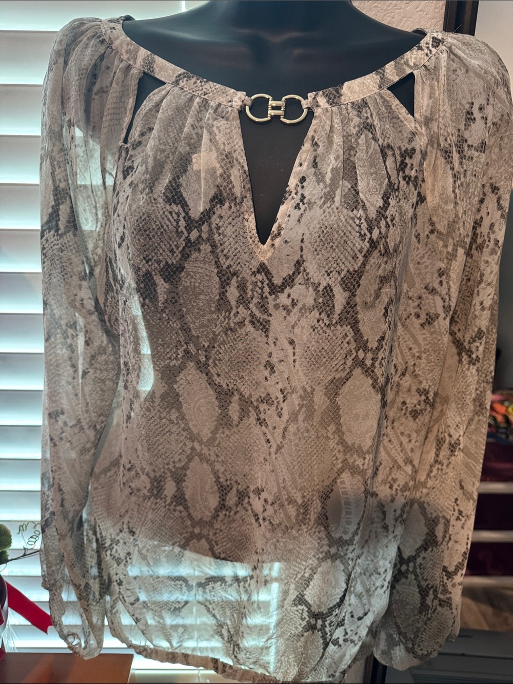 Jennifer Lopez Neutral Snake-Print Keyhole Blouse with Gold Accent